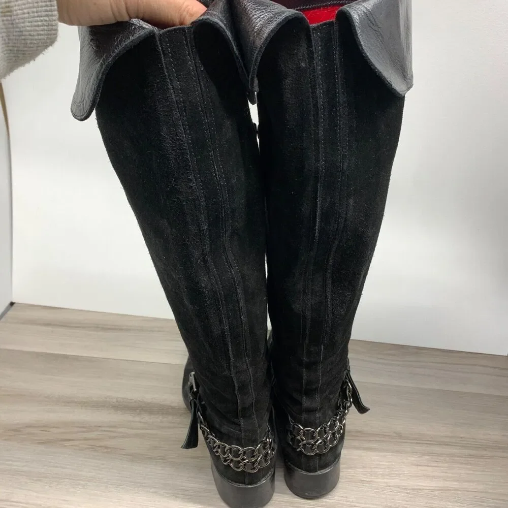 Nalini Italy Chain-Trim Suede Knee-High Boots 39‎ Chain Harness